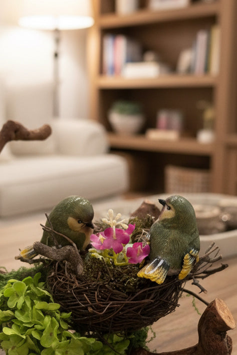 Birds Nest Faux Floral Sculpture | Succulent & Wildflower Arrangement on Gold Plate