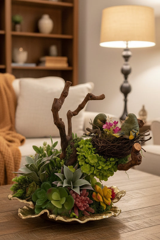 Birds Nest Faux Floral Sculpture | Succulent & Wildflower Arrangement on Gold Plate