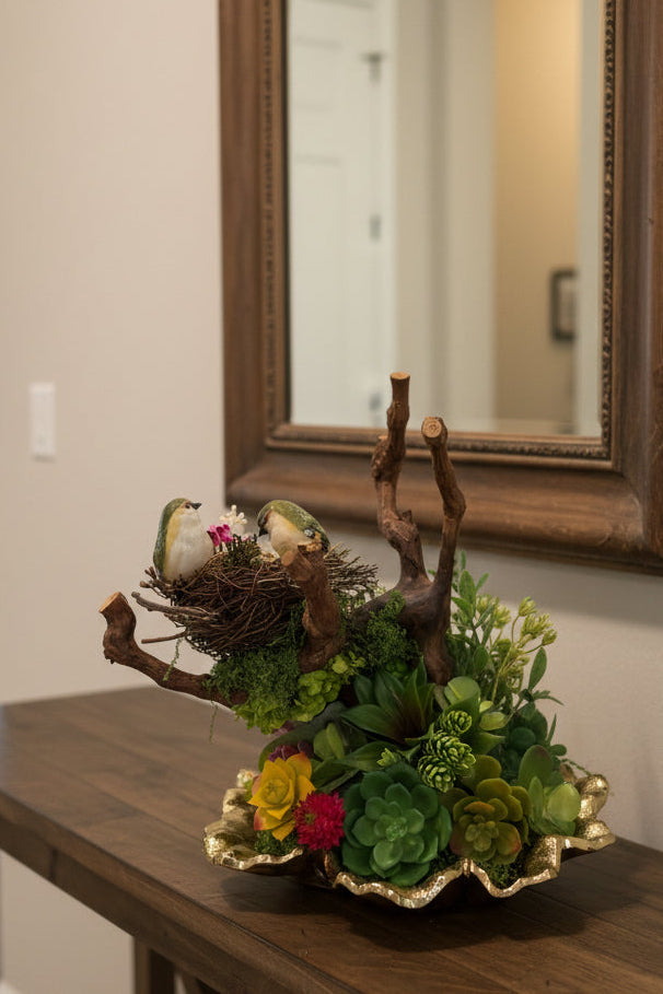 Birds Nest Faux Floral Sculpture | Succulent & Wildflower Arrangement on Gold Plate