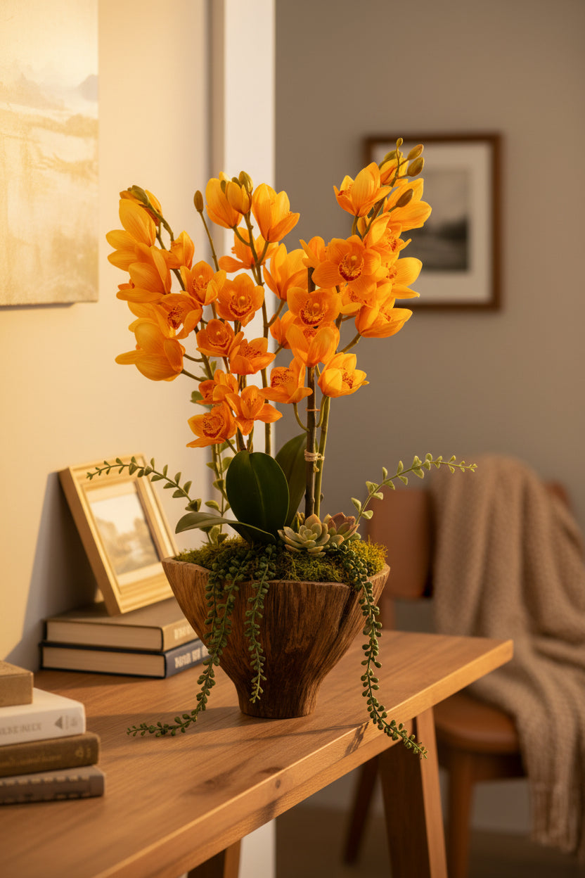 Yellow Orchid Faux Floral Arrangement in Artisan Wooden Vase