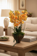 Yellow Orchid Faux Floral Arrangement in Artisan Wooden Vase