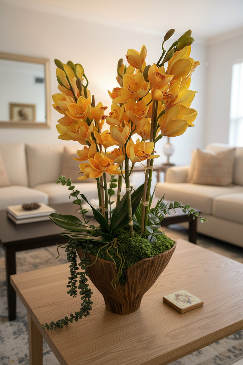 Yellow Orchid Faux Floral Arrangement in Artisan Wooden Vase