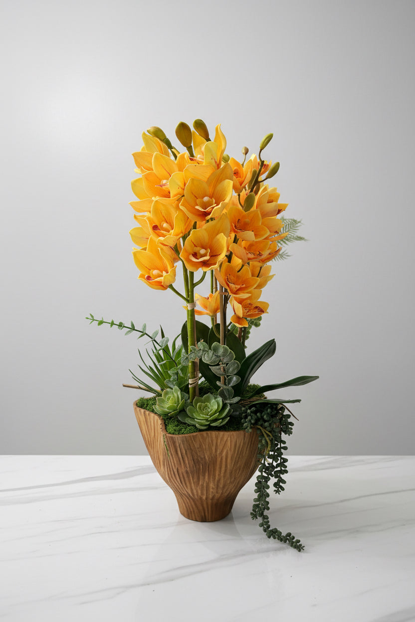 Yellow Orchid Faux Floral Arrangement in Artisan Wooden Vase