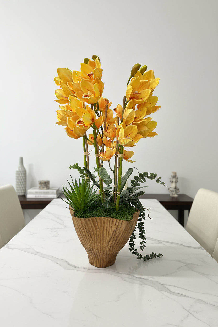 Yellow Orchid Faux Floral Arrangement in Artisan Wooden Vase