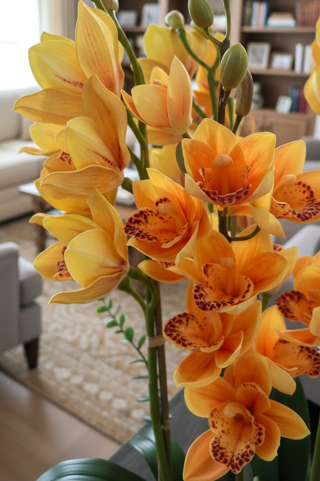 Yellow Orchid Faux Floral Arrangement in Artisan Wooden Vase