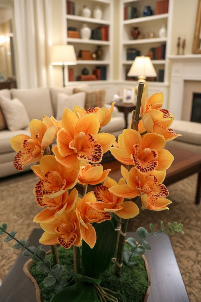Yellow Orchid Faux Floral Arrangement in Artisan Wooden Vase