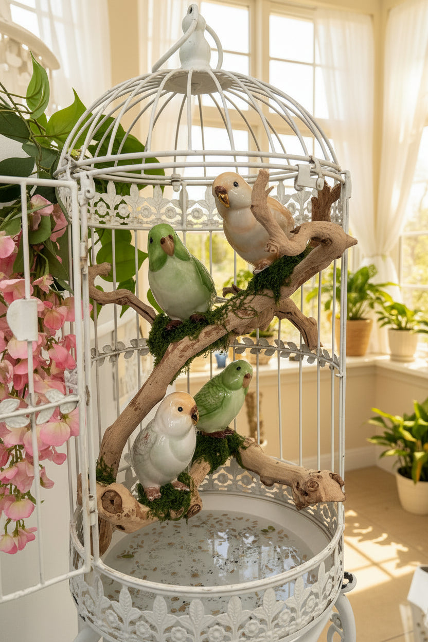 Parakeets in White Decorative Cage