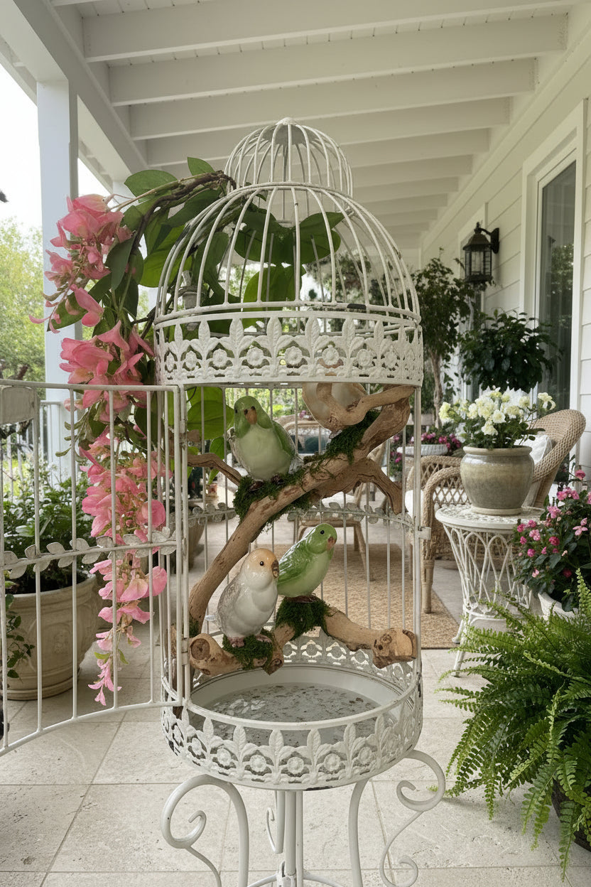 Parakeets in White Decorative Cage