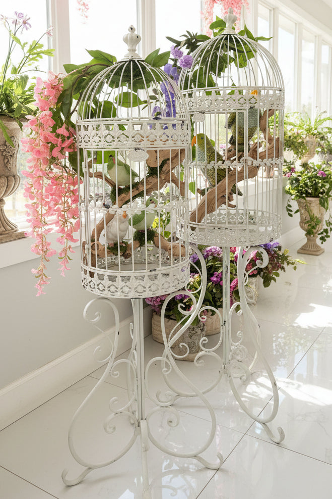 Parakeets in White Decorative Cage