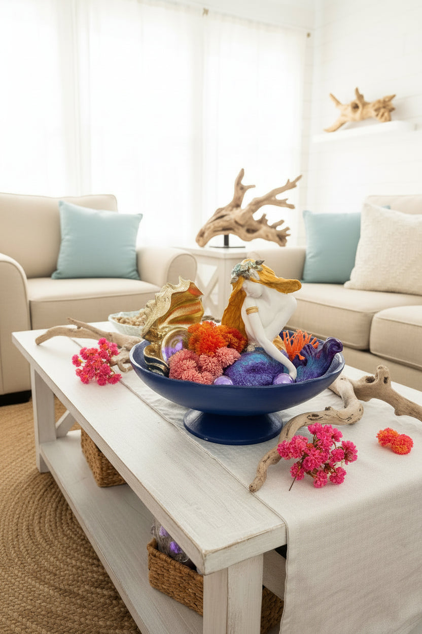 Sitting Mermaid with Sea Conch – Floral & Pearl Coastal Décor