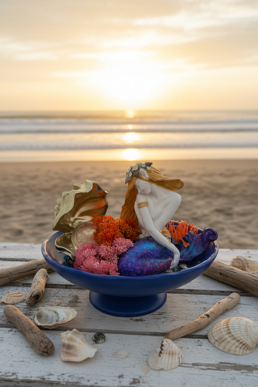 Sitting Mermaid with Sea Conch – Floral & Pearl Coastal Décor