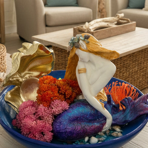 Sitting Mermaid with Sea Conch – Floral & Pearl Coastal Décor