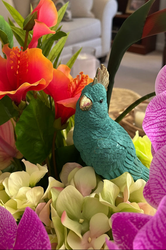 Turquoise Bird in Tropical Garden | Faux Floral Arrangement