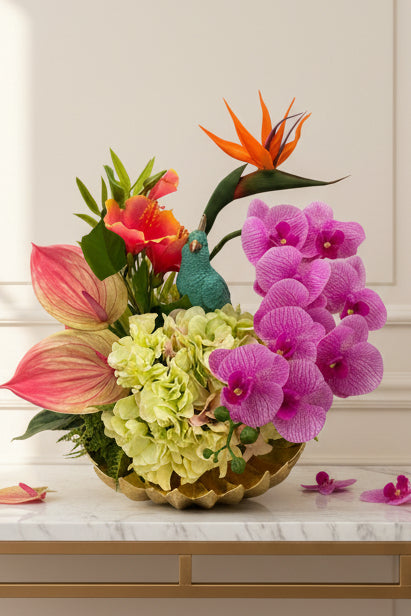 Turquoise Bird in Tropical Garden | Faux Floral Arrangement