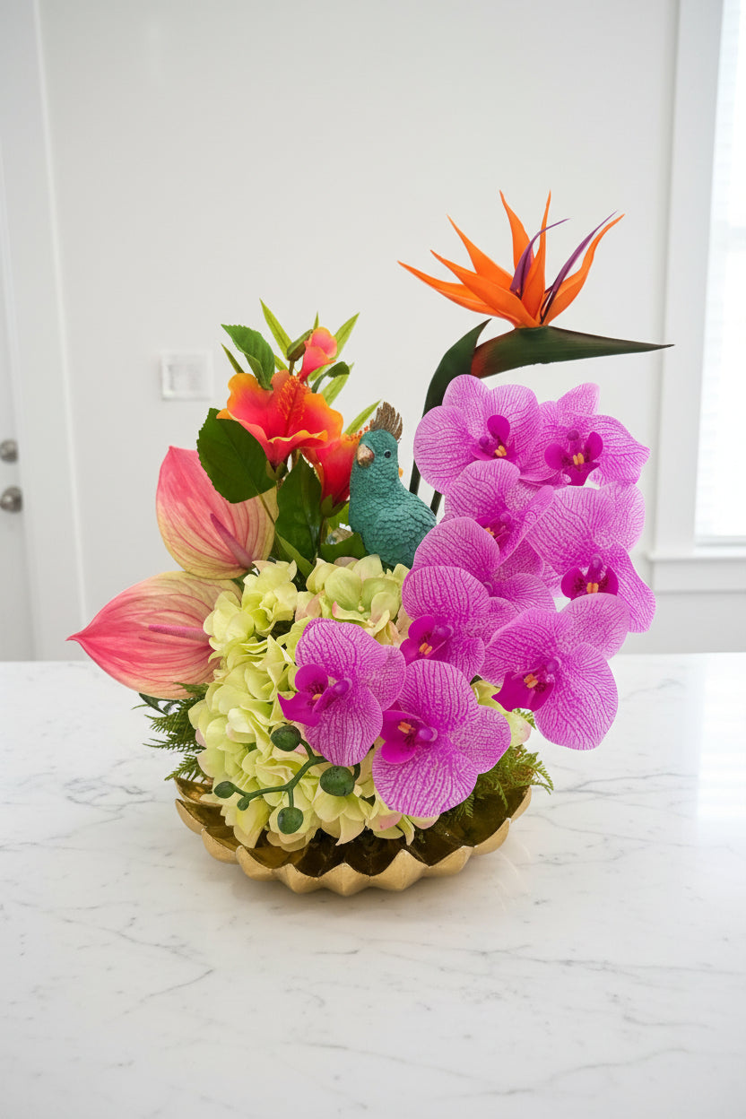 Turquoise Bird in Tropical Garden | Faux Floral Arrangement