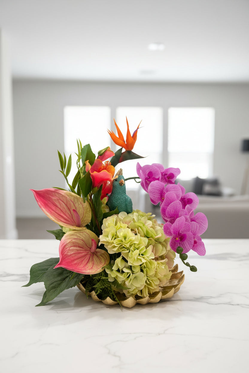 Turquoise Bird in Tropical Garden | Faux Floral Arrangement