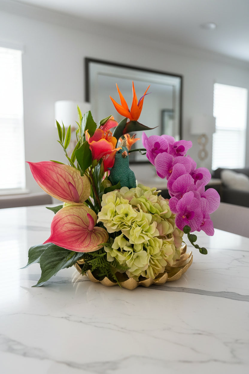 Turquoise Bird in Tropical Garden | Faux Floral Arrangement