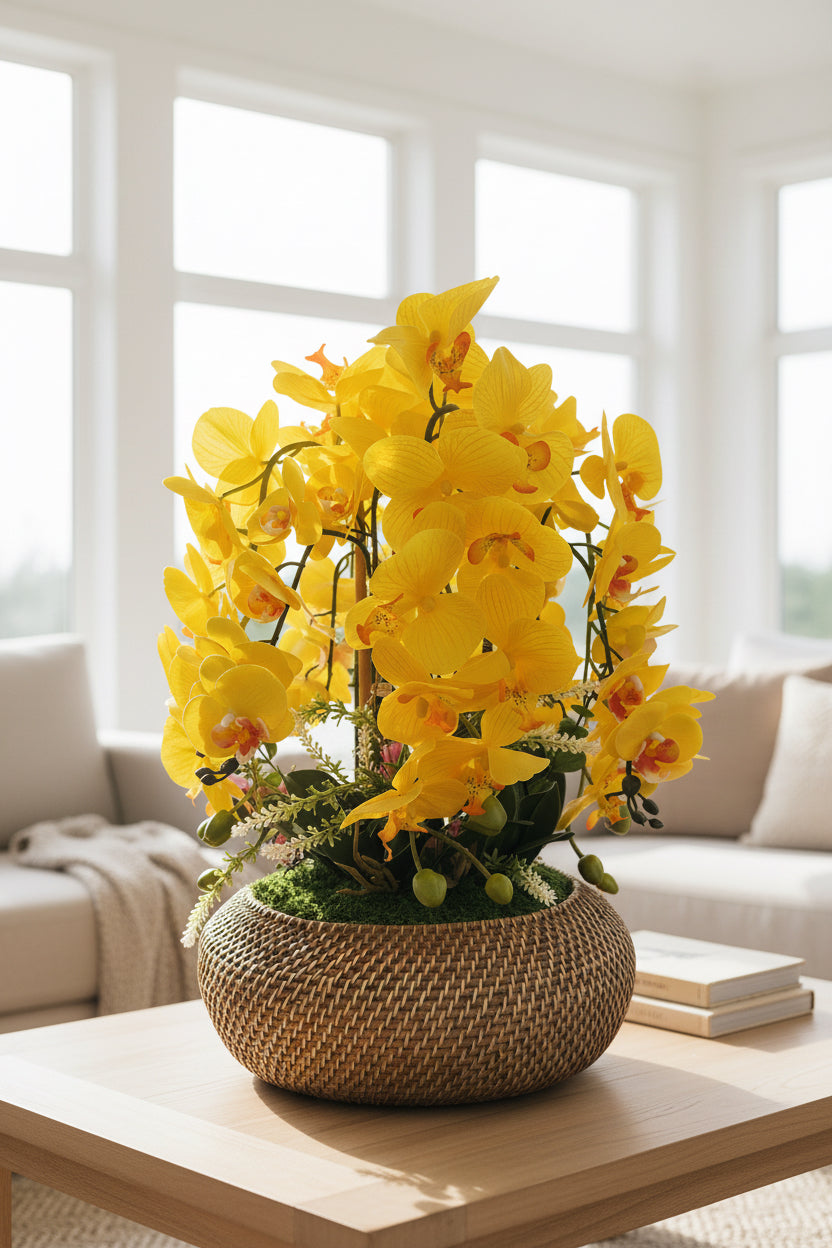 Orchid Arrangement in Oval Basket Vase