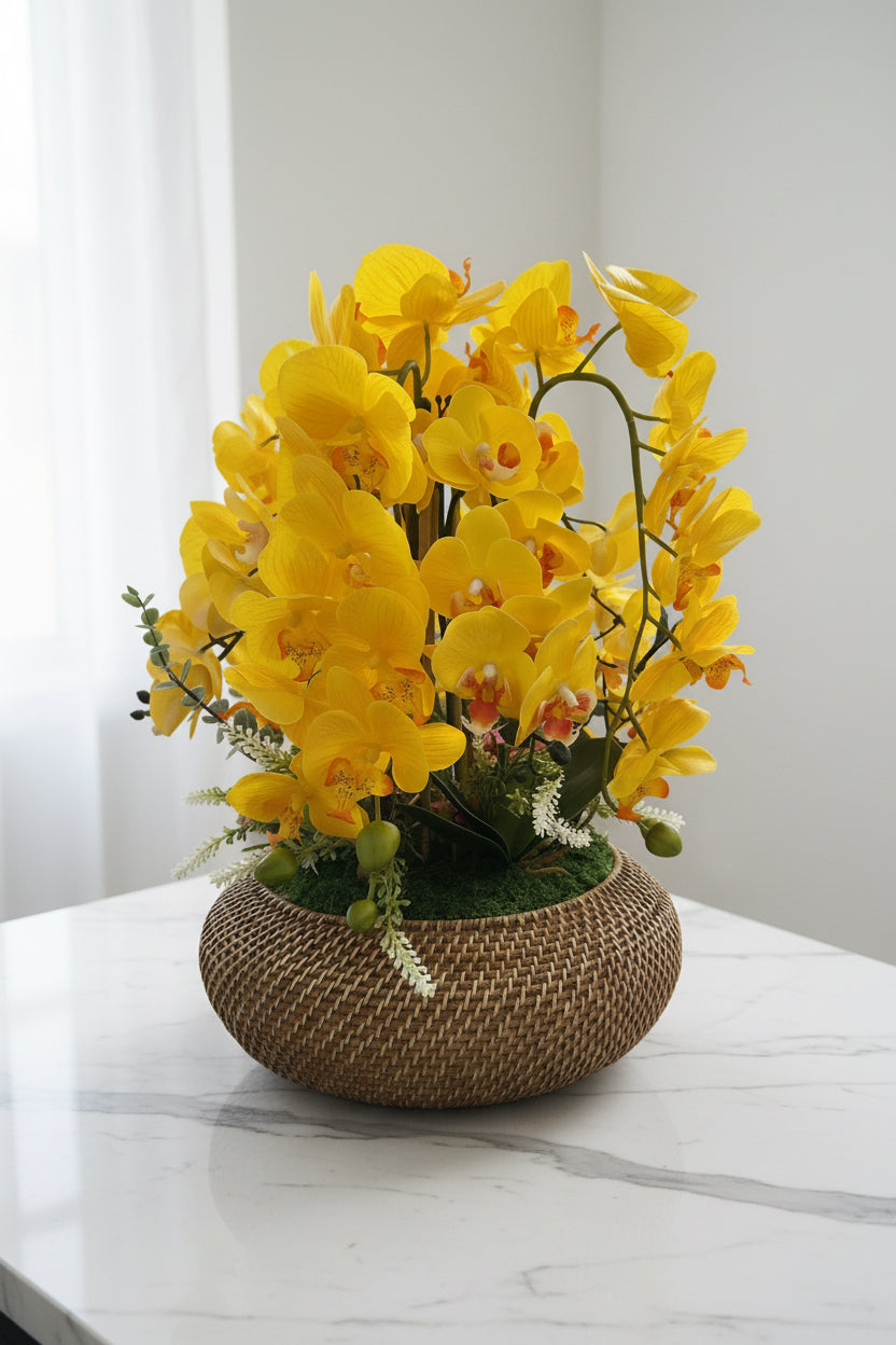 Orchid Arrangement in Oval Basket Vase