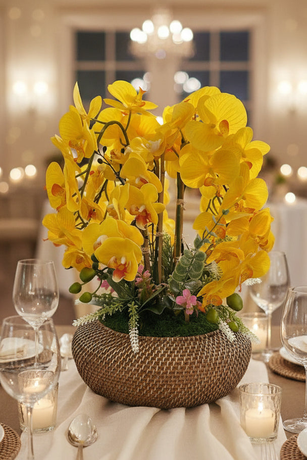 Orchid Arrangement in Oval Basket Vase