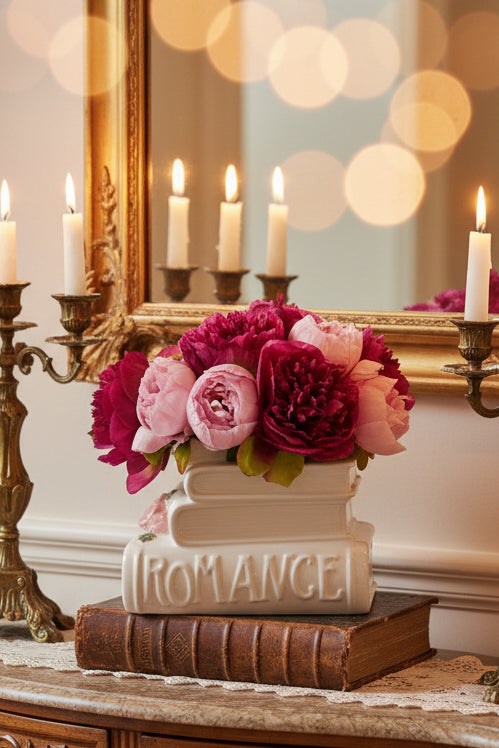 Stacked Books Vase with Faux Peony Arrangement