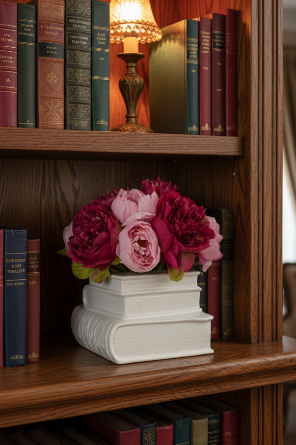 Stacked Books Vase with Faux Peony Arrangement