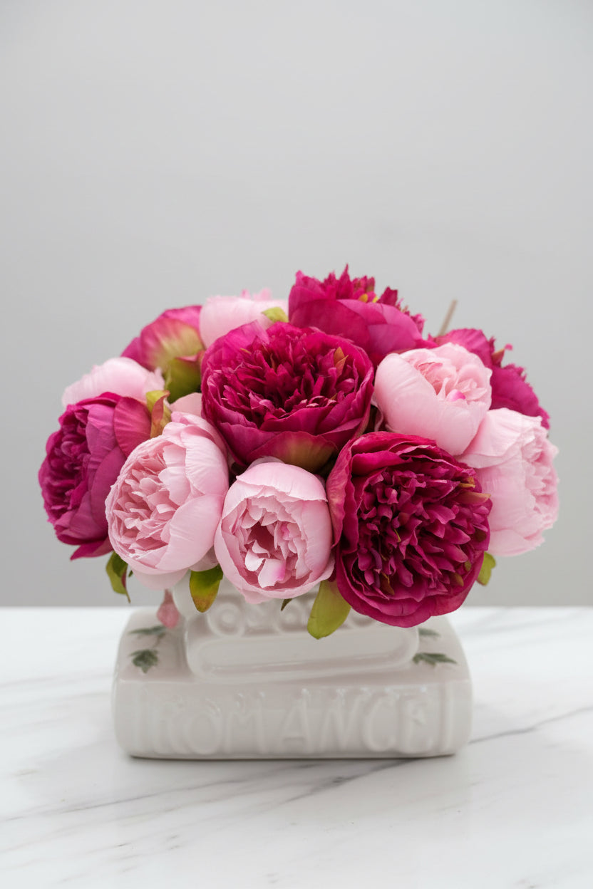 Stacked Books Vase with Faux Peony Arrangement