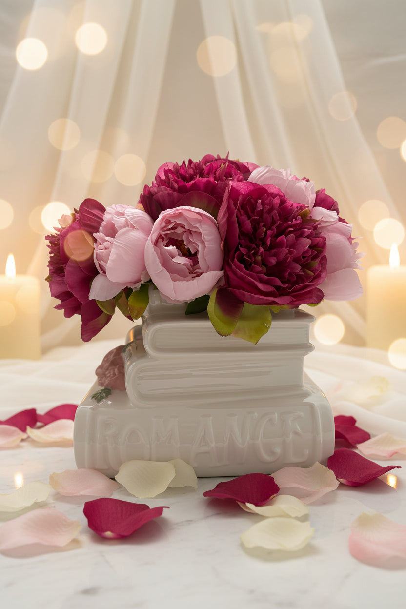 Stacked Books Vase with Faux Peony Arrangement