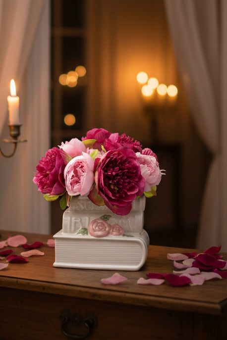 Stacked Books Vase with Faux Peony Arrangement