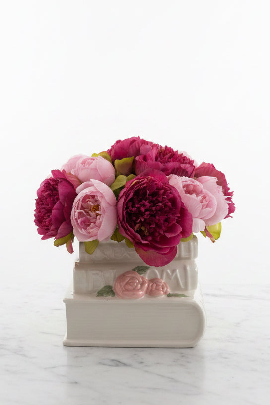 Stacked Books Vase with Faux Peony Arrangement