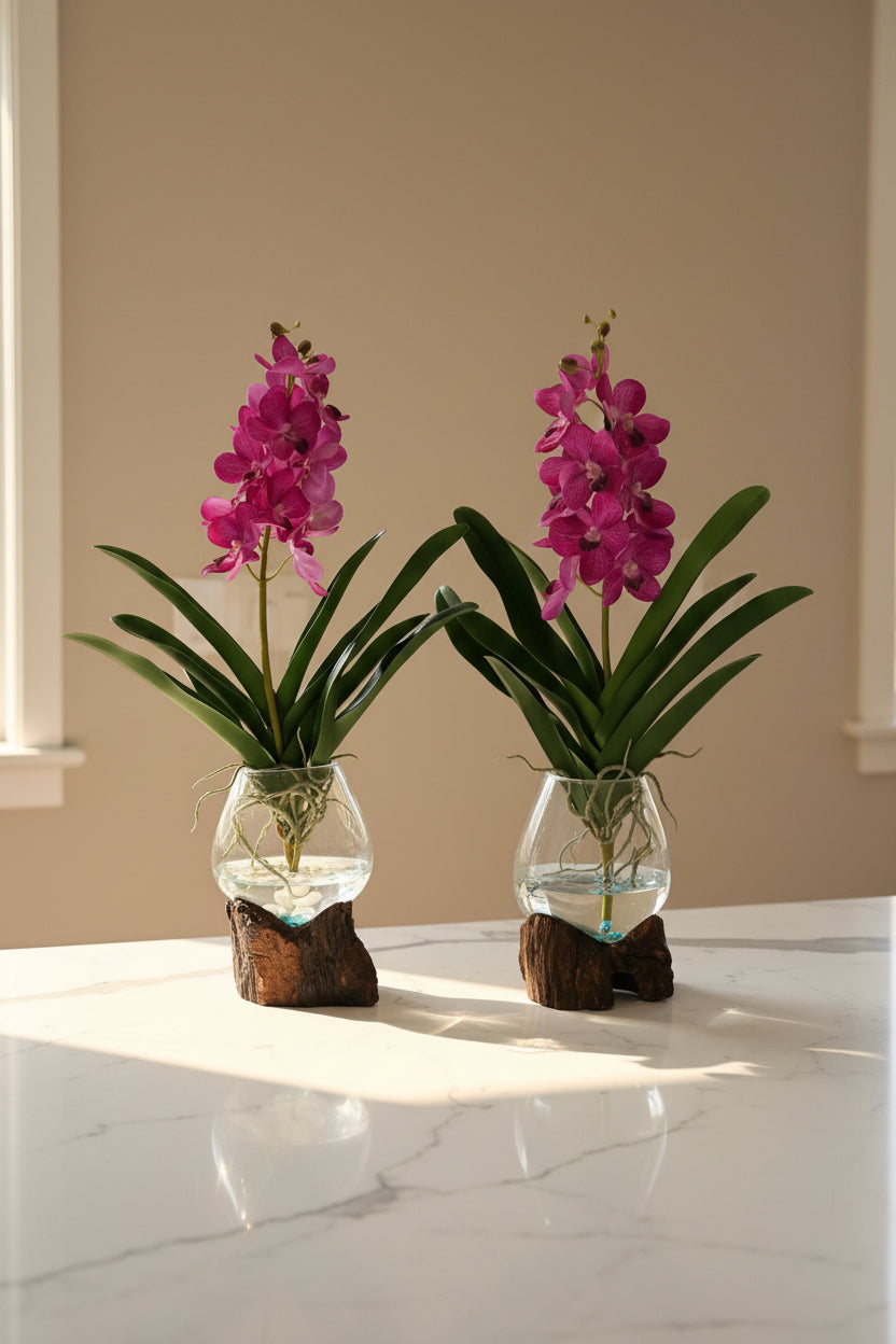 Faux Vanda Orchid in Glass & Driftwood Vase