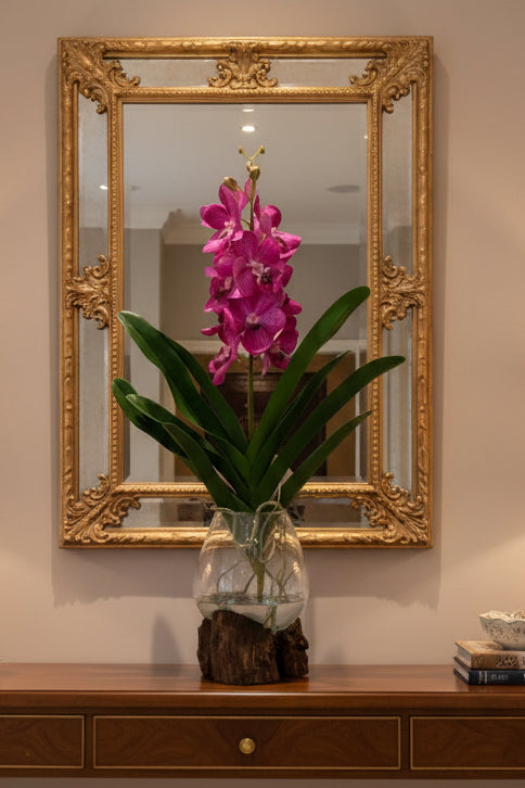 Faux Vanda Orchid in Glass & Driftwood Vase