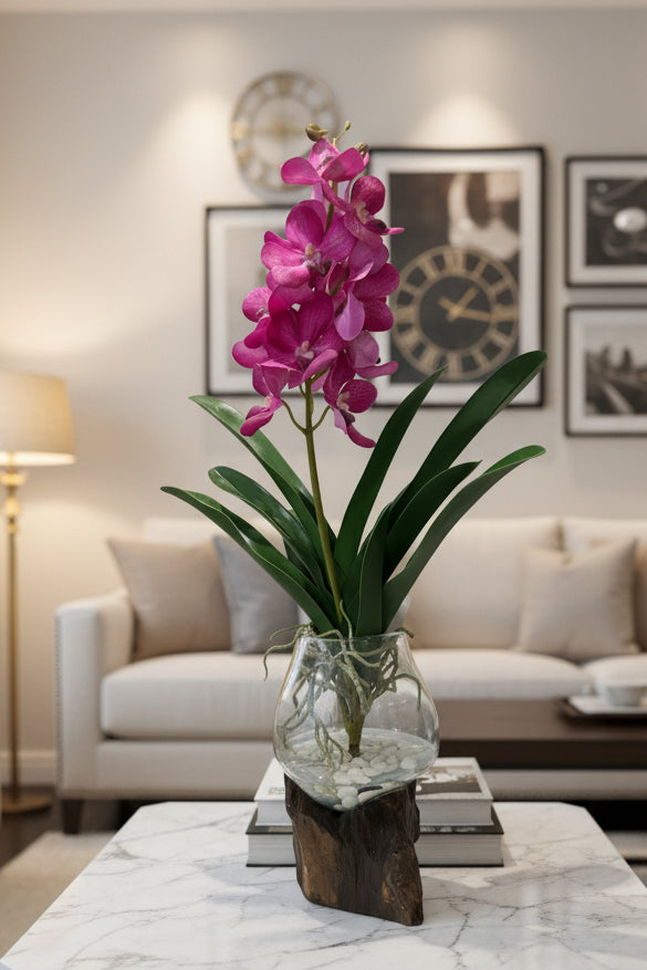 Faux Vanda Orchid in Glass & Driftwood Vase