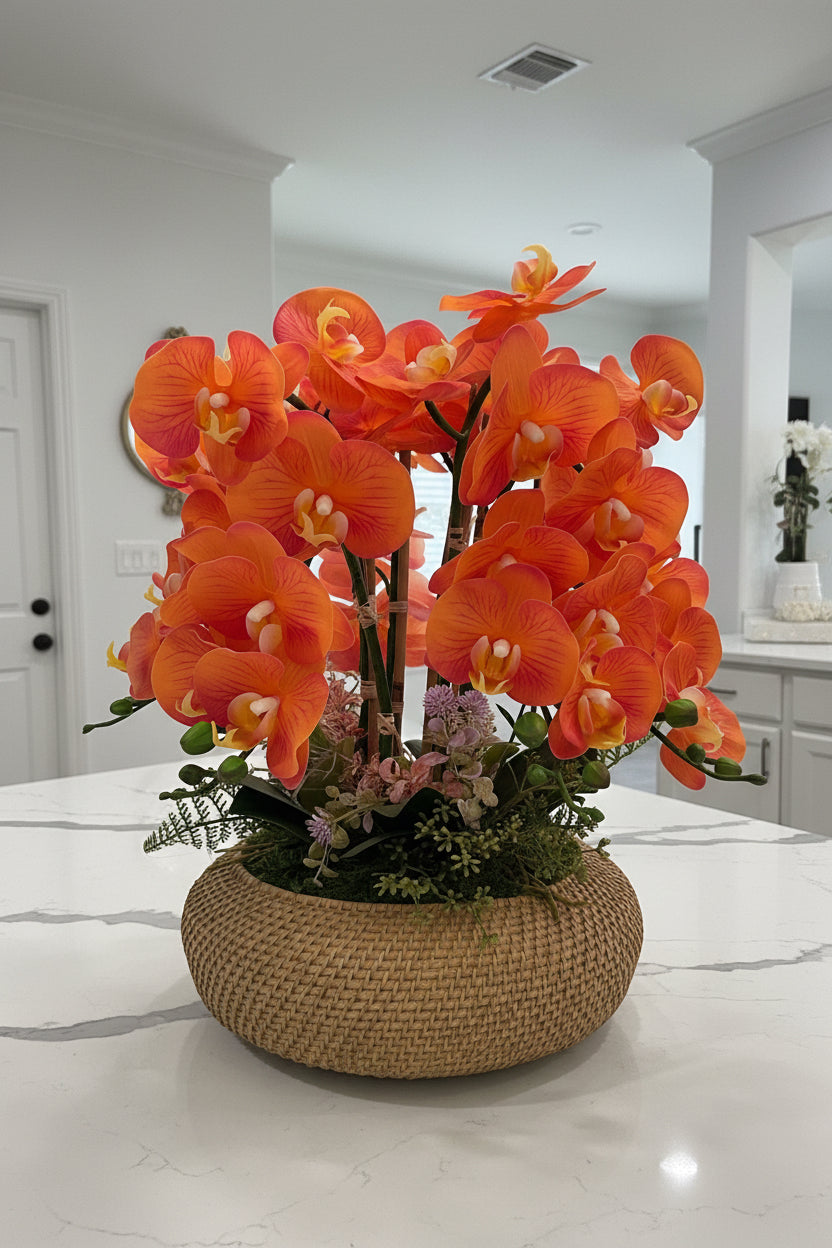 Orchid Arrangement in Oval Basket Vase