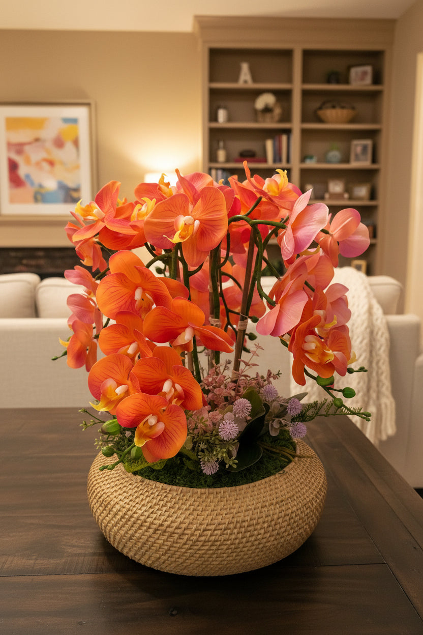 Orchid Arrangement in Oval Basket Vase