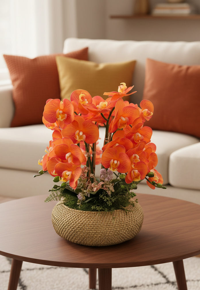 Orchid Arrangement in Oval Basket Vase