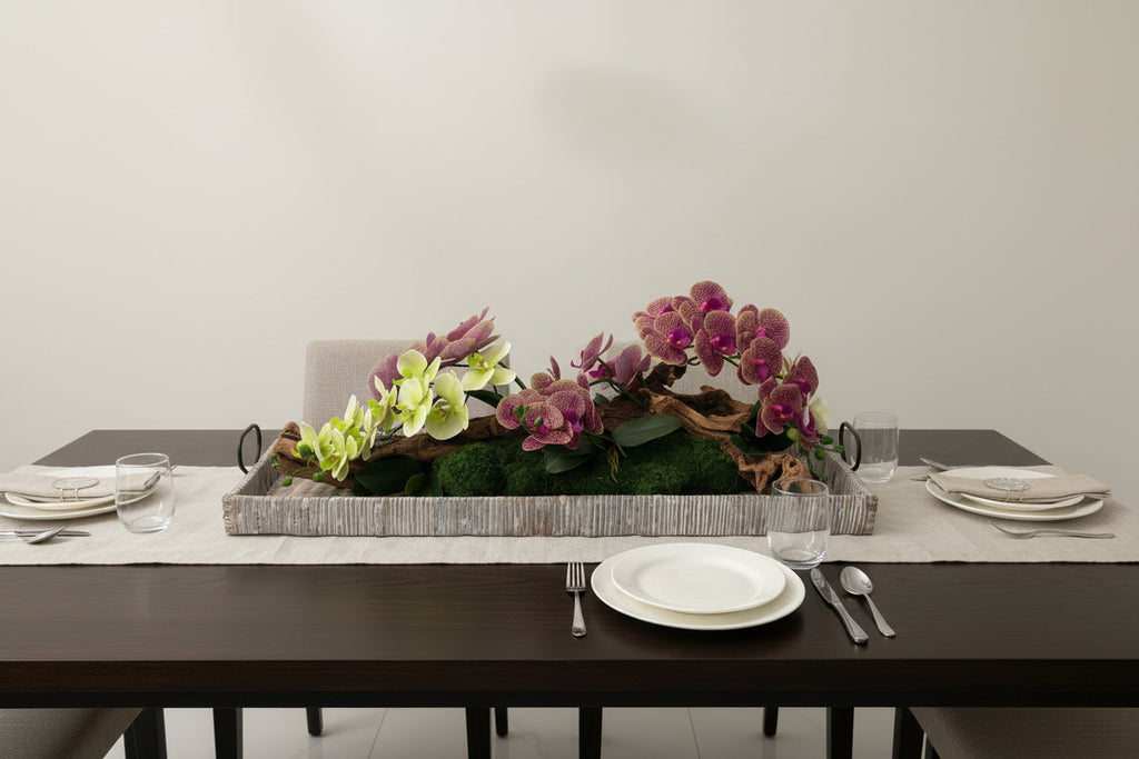38" Large Beige Basket with White Orchids | Faux Floral Centerpiece
