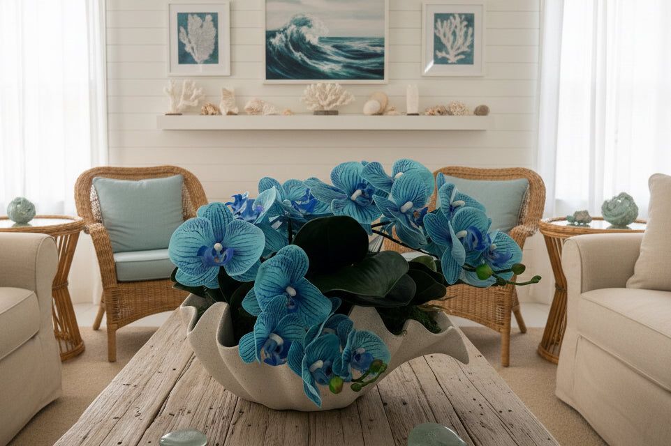 Seashell Vase with Blue Orchids