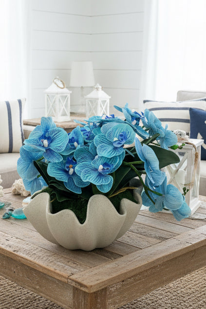 Seashell Vase with Blue Orchids