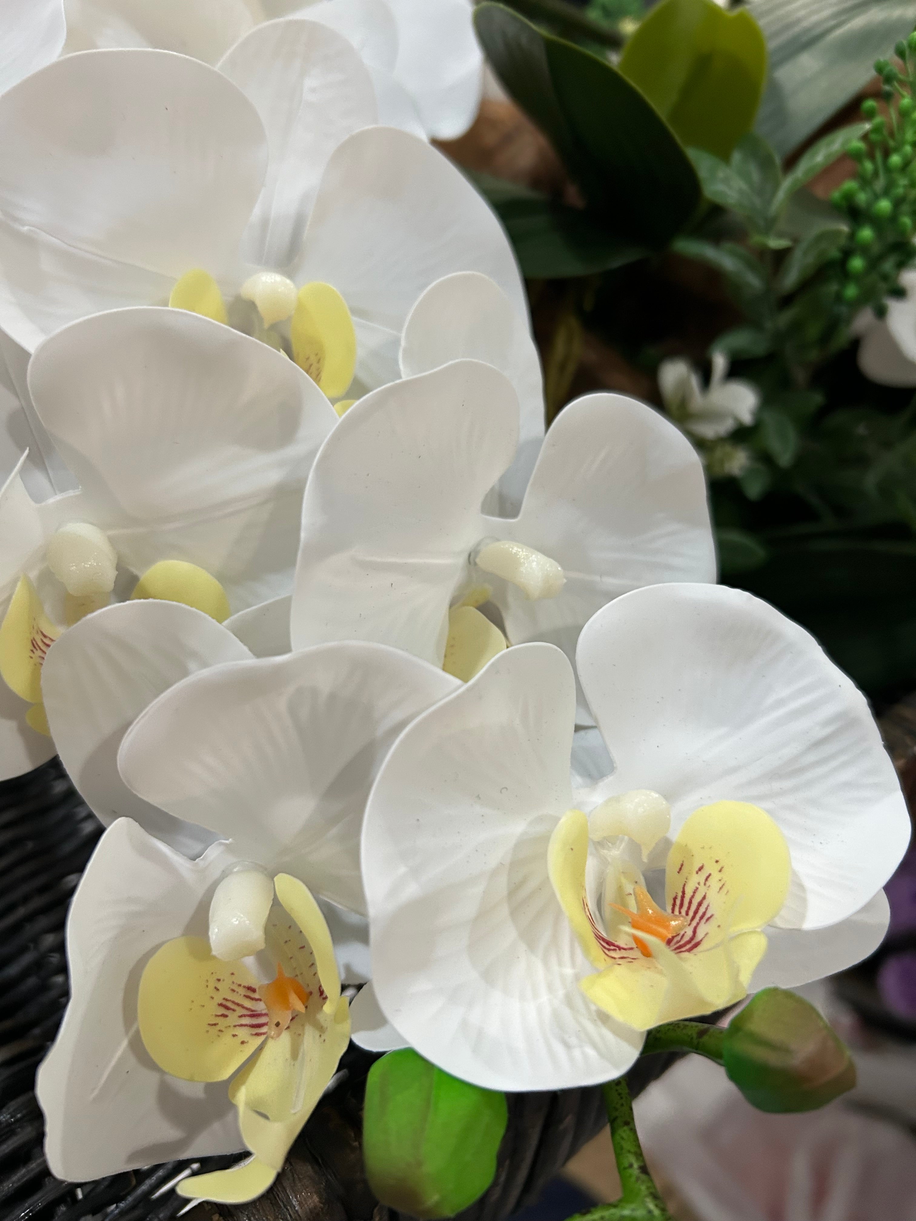 38" Black Basket Tray with White Orchids | Faux Floral Centerpiece