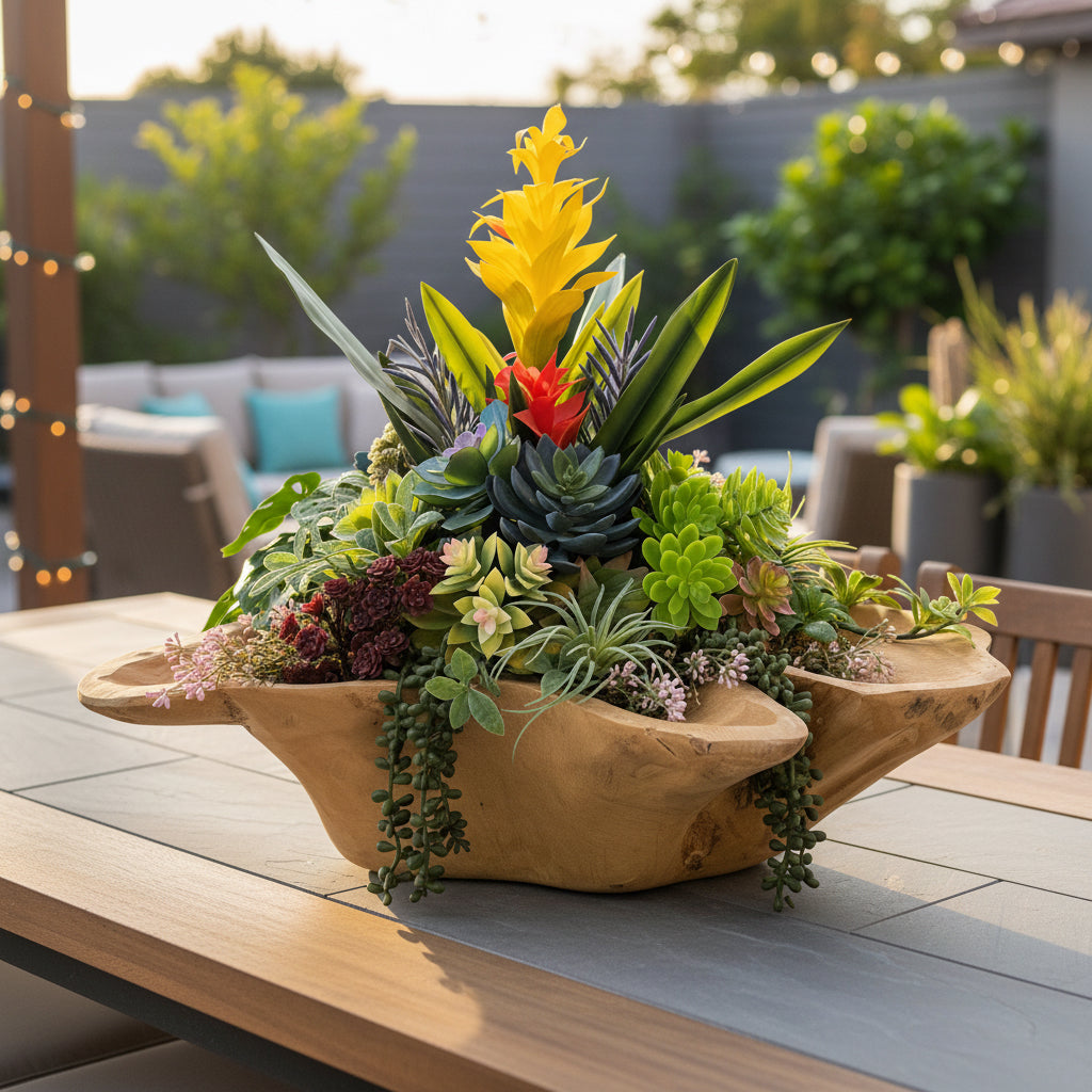 Bromeliad & Succulent Arrangement in Indonesian Wood Vase