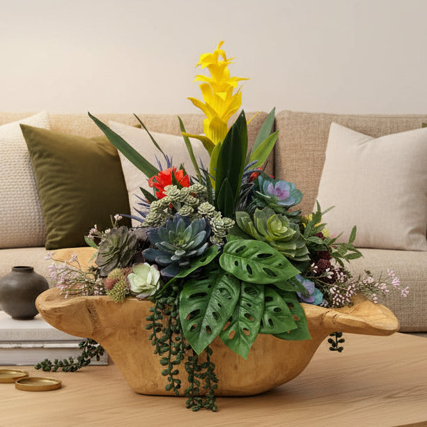 Bromeliad & Succulent Arrangement in Indonesian Wood Vase