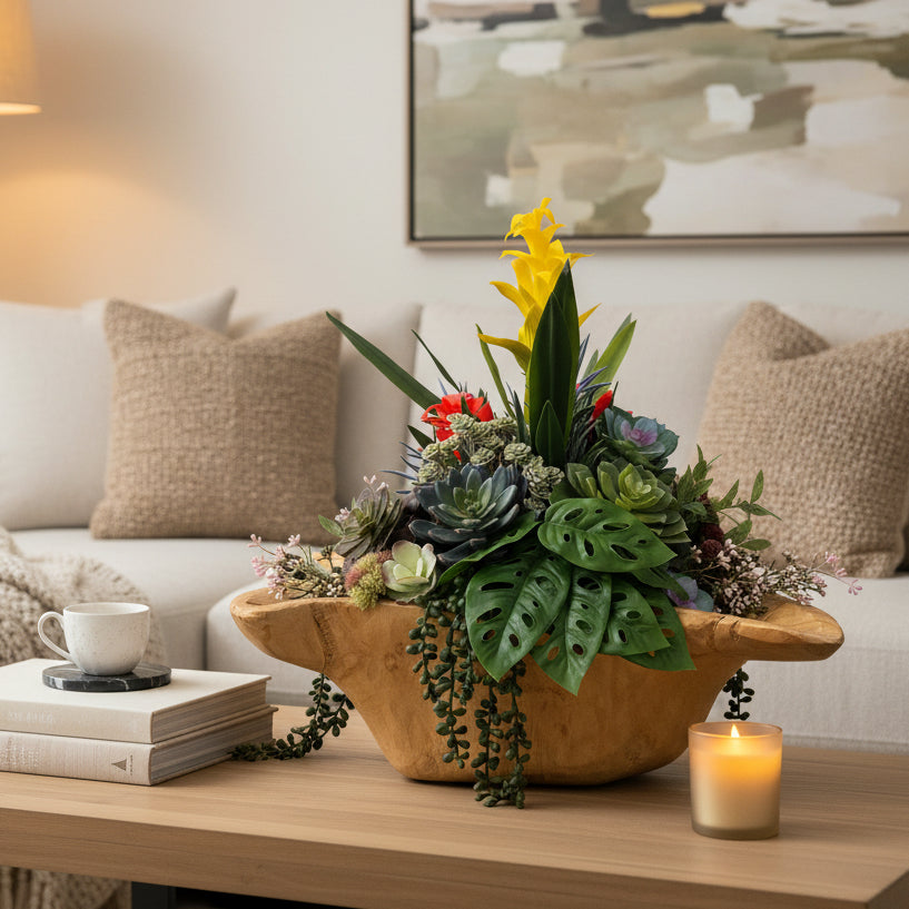 Bromeliad & Succulent Arrangement in Indonesian Wood Vase