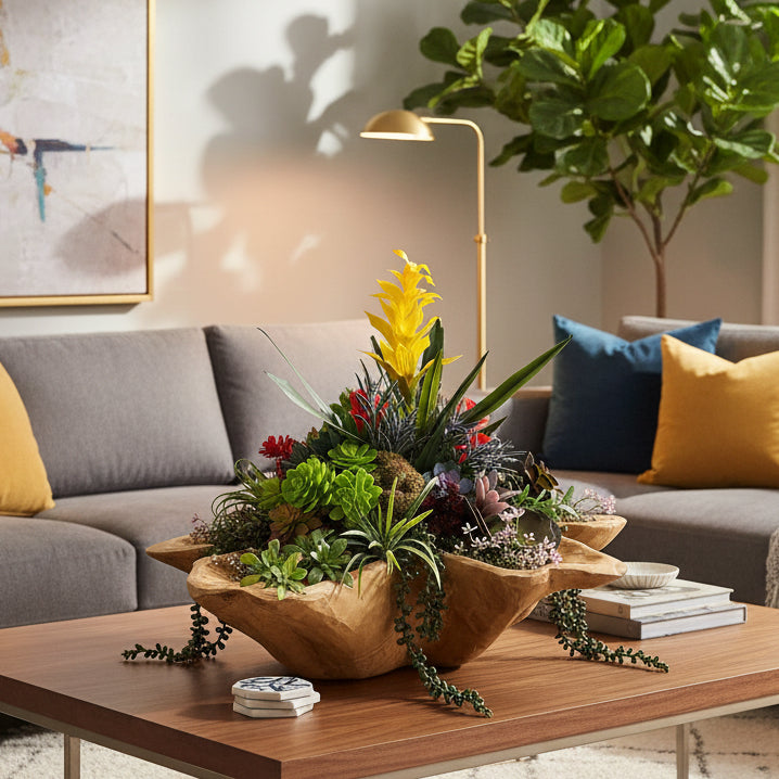 Bromeliad & Succulent Arrangement in Indonesian Wood Vase