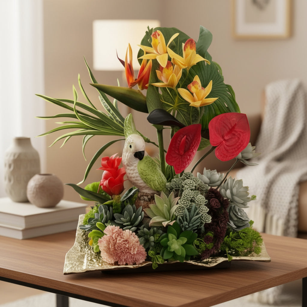 Cacatoo in Tropical Foliage — Sculptural Faux Floral Arrangement