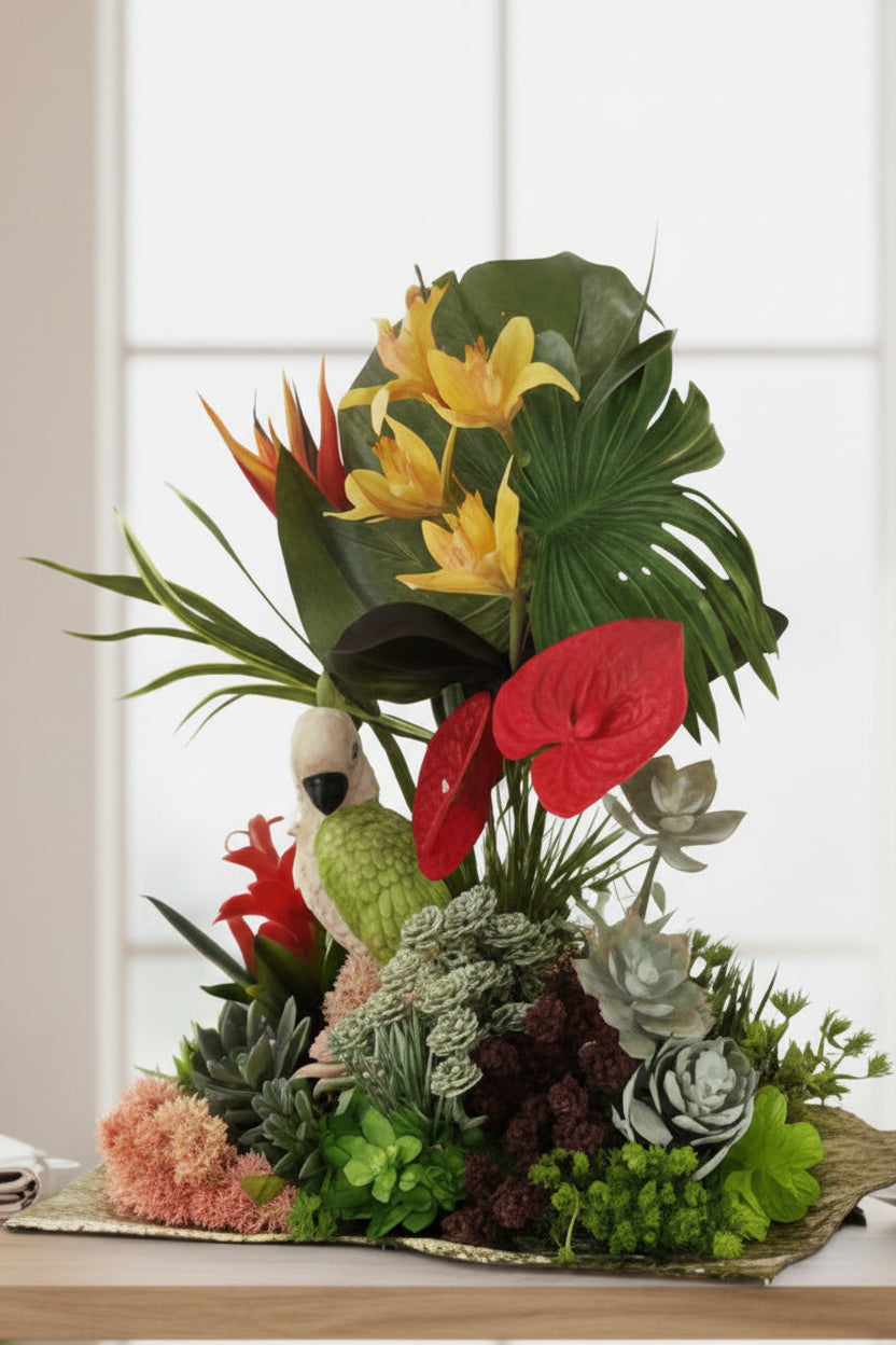 Cacatoo in Tropical Foliage — Sculptural Faux Floral Arrangement