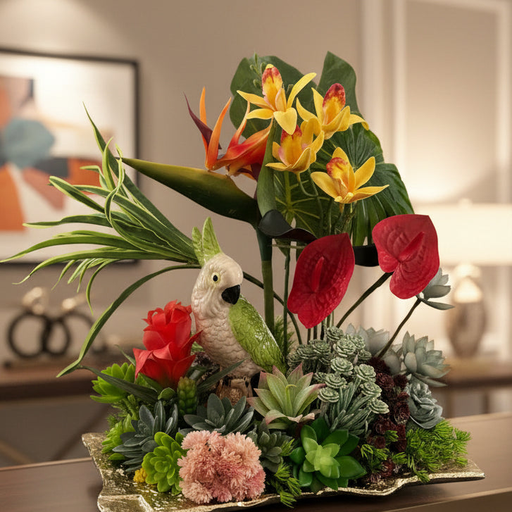 Cacatoo in Tropical Foliage — Sculptural Faux Floral Arrangement