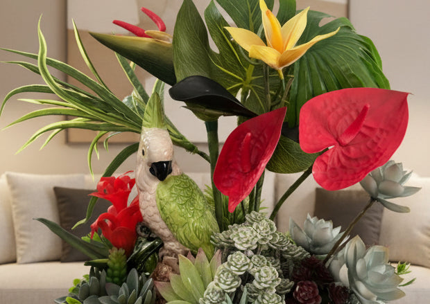 Cacatoo in Tropical Foliage — Sculptural Faux Floral Arrangement