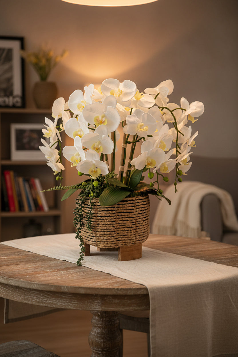 White Orchids in Rattan Basket Vase