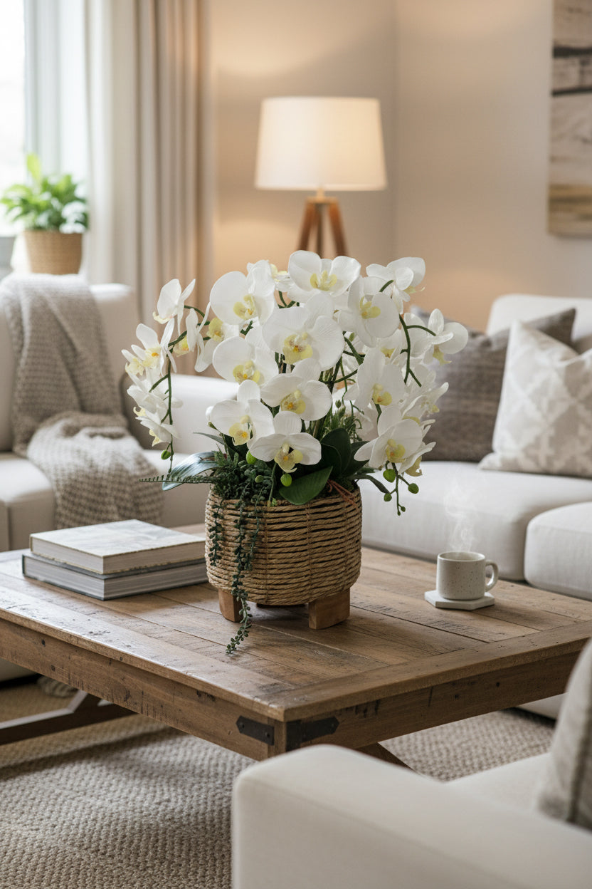 White Orchids in Rattan Basket Vase